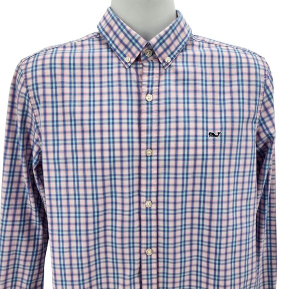Vineyard Vines Mens Medium Whale Shirt Slim Fit Pink Aqua Blue Check Plaid Logo - Picture 2 of 9